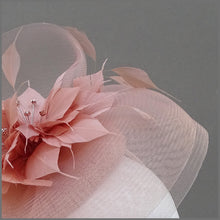Load image into Gallery viewer, Rose Gold Crinoline Feather Flower Disc Fascinator on Headband