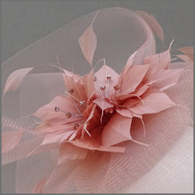 Load image into Gallery viewer, Rose Gold Crinoline Feather Flower Disc Fascinator with Diamanté