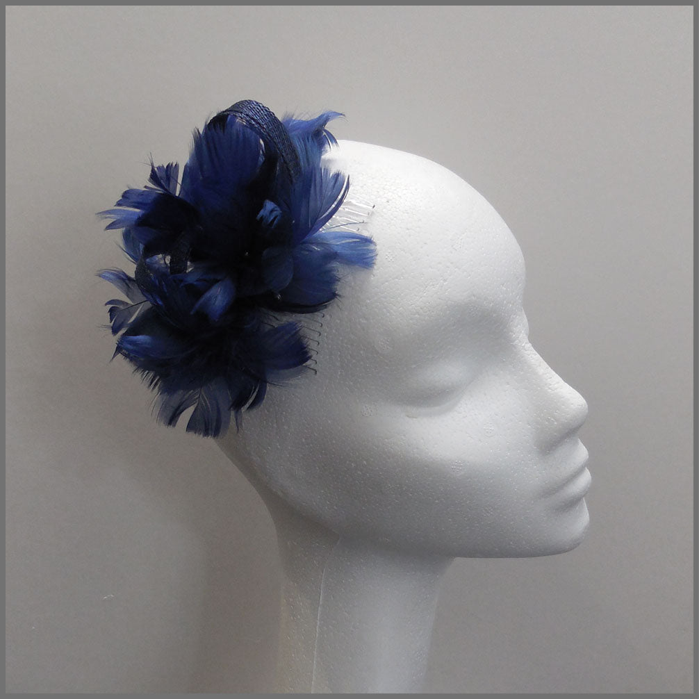 Small Navy Blue Feather Fascinator for Wedding Guest