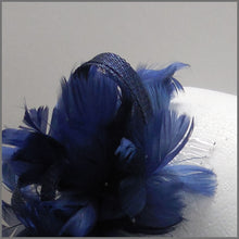 Load image into Gallery viewer, Small Navy Blue Feather Fascinator for Wedding Guest