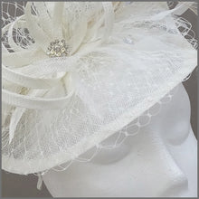 Load image into Gallery viewer, Special Occasion Ivory Disc Fascinator with Netting &amp; Feathers