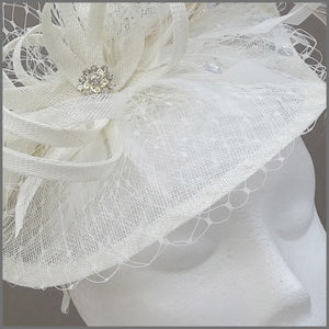 Special Occasion Ivory Disc Fascinator with Netting & Feathers