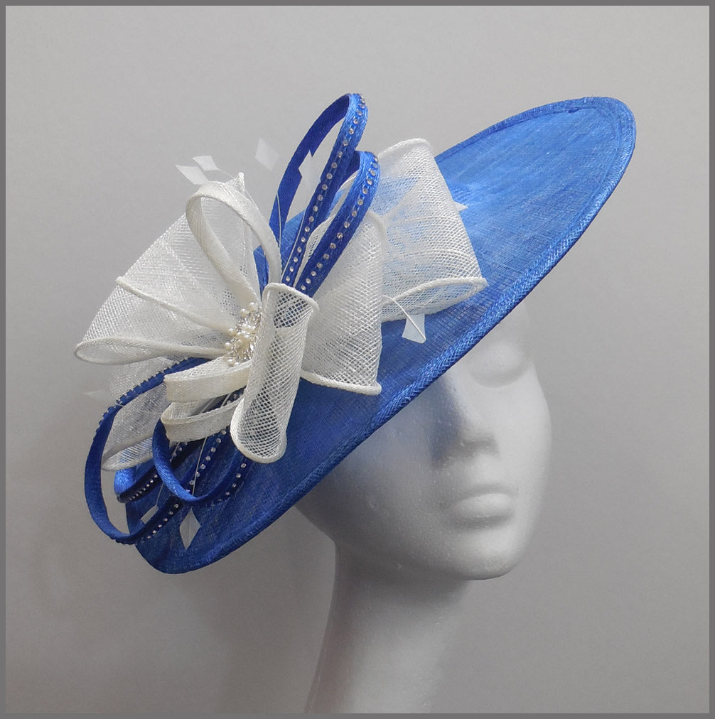 Structured Disc Fascinator Wedding Disc Fascinator in Blue & White | Jacqui Vale Designs