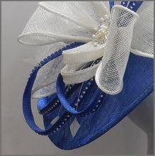 Load image into Gallery viewer, Wedding Disc Fascinator with Bow in Blue &amp; White 