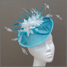 Load image into Gallery viewer, Flower Hatinator in Peacock &amp; White for Wedding or Race Day