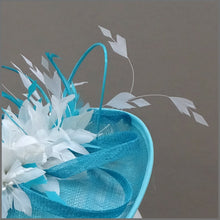Load image into Gallery viewer, Flower Feather Hatinator in Peacock &amp; White for Wedding or Race Day