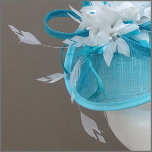 Flower Mini Disc Fascinator in Peacock & White for Wedding or Race Day