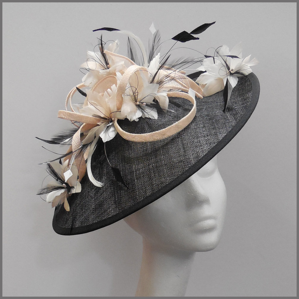 Black, White & Nude Feather Hatinator for Wedding Guest