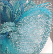 Load image into Gallery viewer, Wedding Guest Feather Fascinator in Aqua Blue