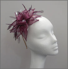 Load image into Gallery viewer, Wedding Guest Feather Fascinator in Red Wine Claret