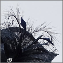 Load image into Gallery viewer, Navy Blue Hatinator with Feathers for Race Day
