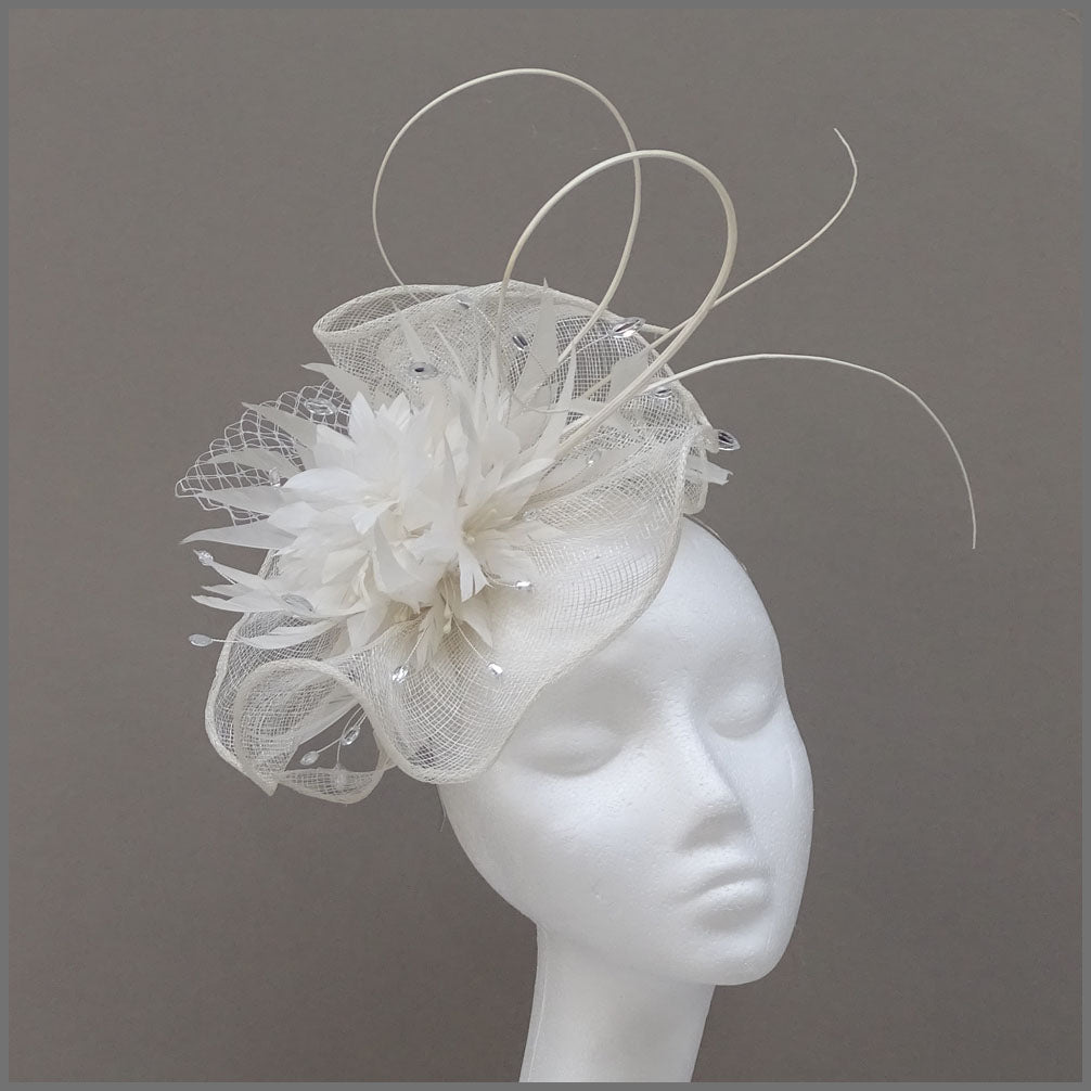 White Formal Fascinator with Feather Flower | Jacqui Vale Designs