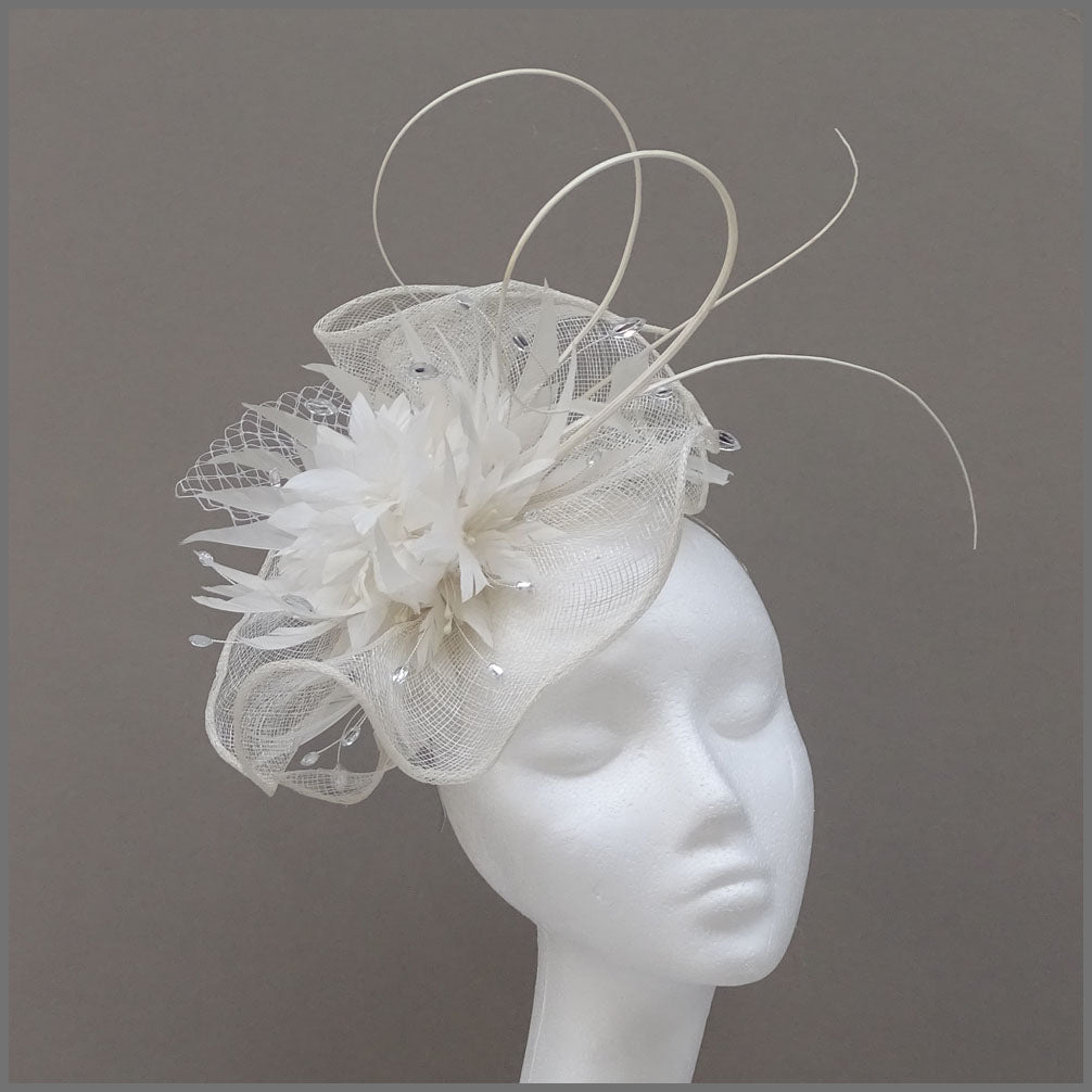 White Formal Fascinator with Feather Flower Cluster