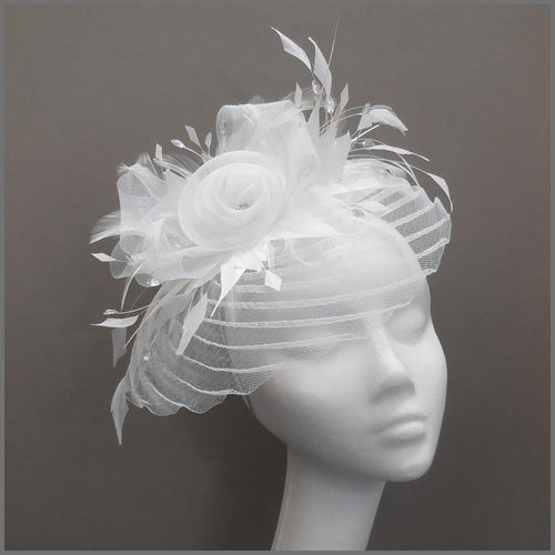 White Rose Design Feather Fascinator on Headband