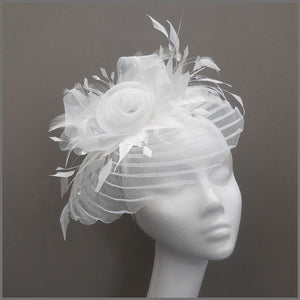 White Rose Design Feather Fascinator on Headband