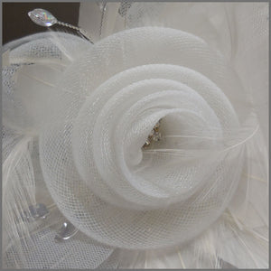 White Rose Design Feather Fascinator on Headband