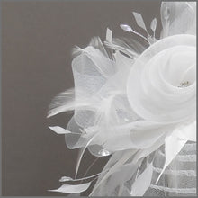 Load image into Gallery viewer, White Rose Design Feather Fascinator on Headband